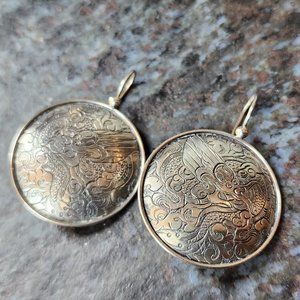 Silpada Etched Asian Dragon Round Disc Sterling Silver Earrings